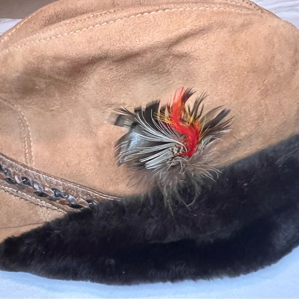 Brown Suede Hat with Feather Accent